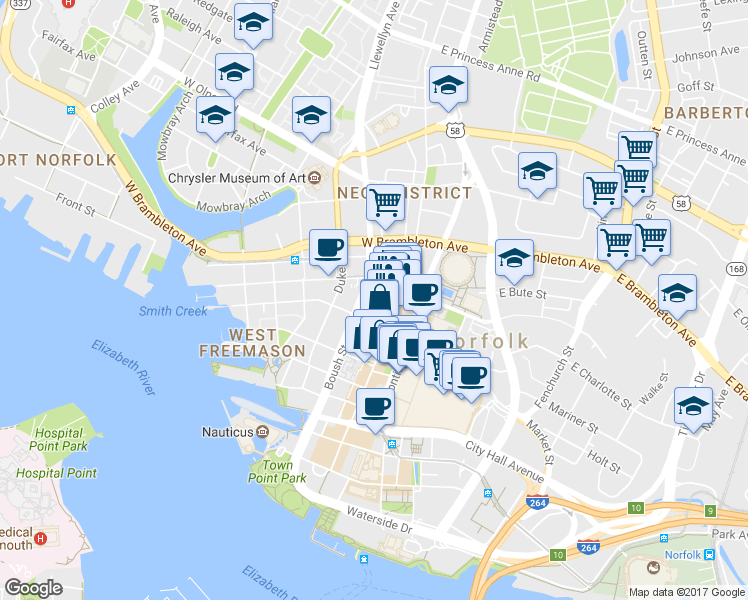 map of restaurants, bars, coffee shops, grocery stores, and more near 421 Granby Street in Norfolk