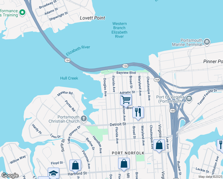 map of restaurants, bars, coffee shops, grocery stores, and more near 153 Florida Avenue in Portsmouth