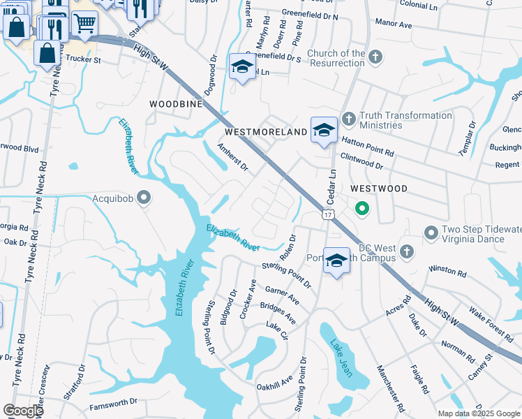map of restaurants, bars, coffee shops, grocery stores, and more near 5161 Castle Way in Portsmouth