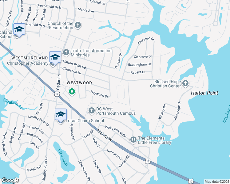 map of restaurants, bars, coffee shops, grocery stores, and more near 53 Wayland Drive in Portsmouth