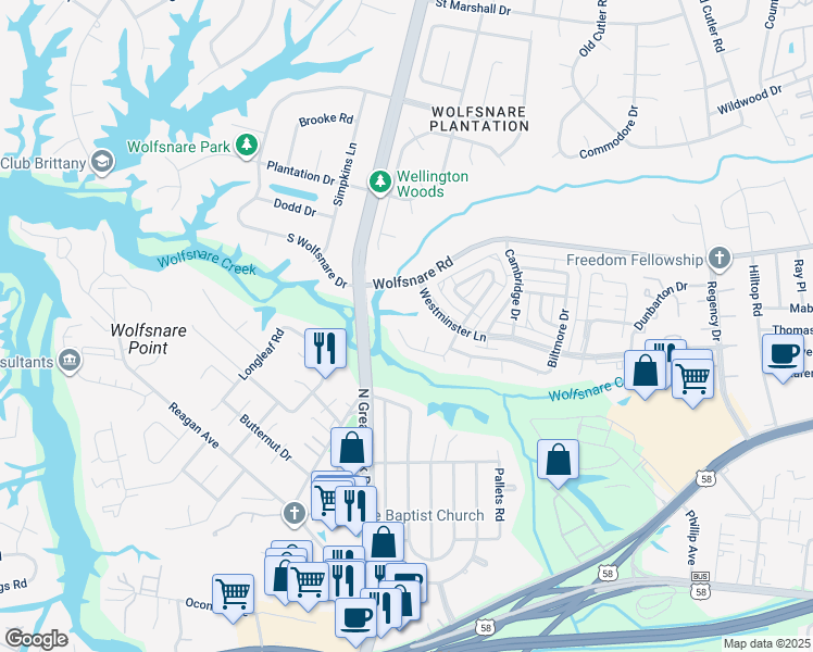 map of restaurants, bars, coffee shops, grocery stores, and more near 2428 Sedgewick Drive in Virginia Beach