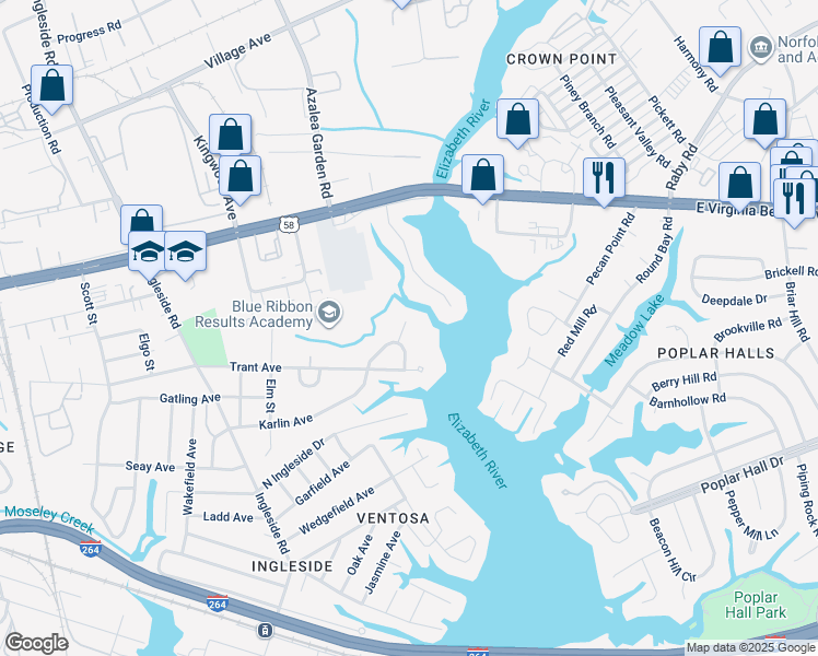 map of restaurants, bars, coffee shops, grocery stores, and more near 3860 Weems Road in Norfolk