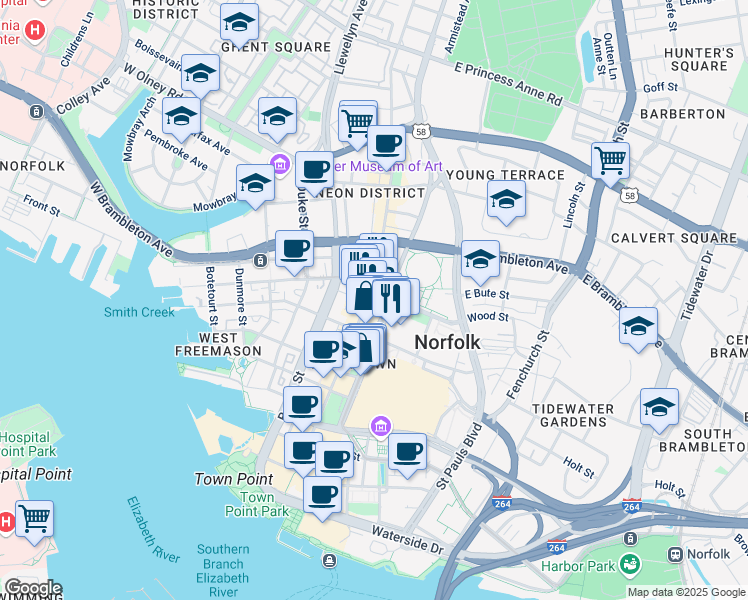 map of restaurants, bars, coffee shops, grocery stores, and more near 435 Monticello Avenue in Norfolk