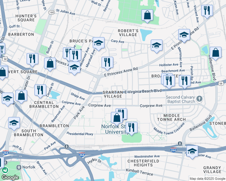 map of restaurants, bars, coffee shops, grocery stores, and more near 2323 East Virginia Beach Boulevard in Norfolk