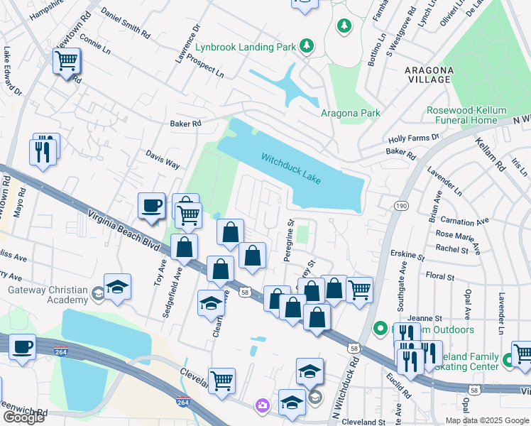 map of restaurants, bars, coffee shops, grocery stores, and more near 407 Adkins Arch in Virginia Beach