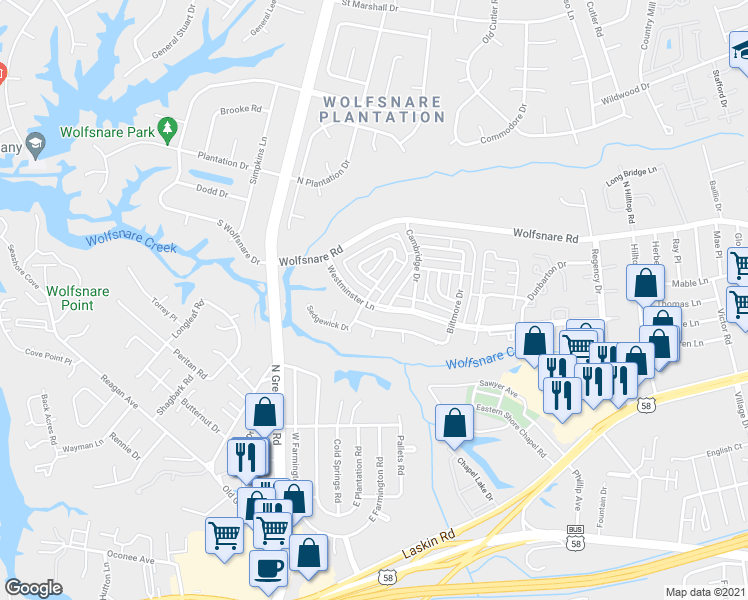 map of restaurants, bars, coffee shops, grocery stores, and more near 2259 Sedgewick Drive in Virginia Beach
