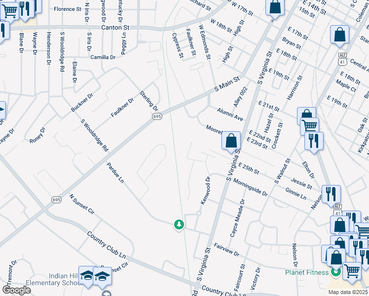 map of restaurants, bars, coffee shops, grocery stores, and more near 1400 Denzil Drive in Hopkinsville