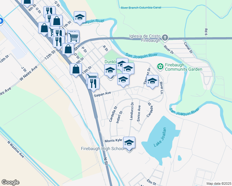 map of restaurants, bars, coffee shops, grocery stores, and more near 1560 Saipan Avenue in Firebaugh