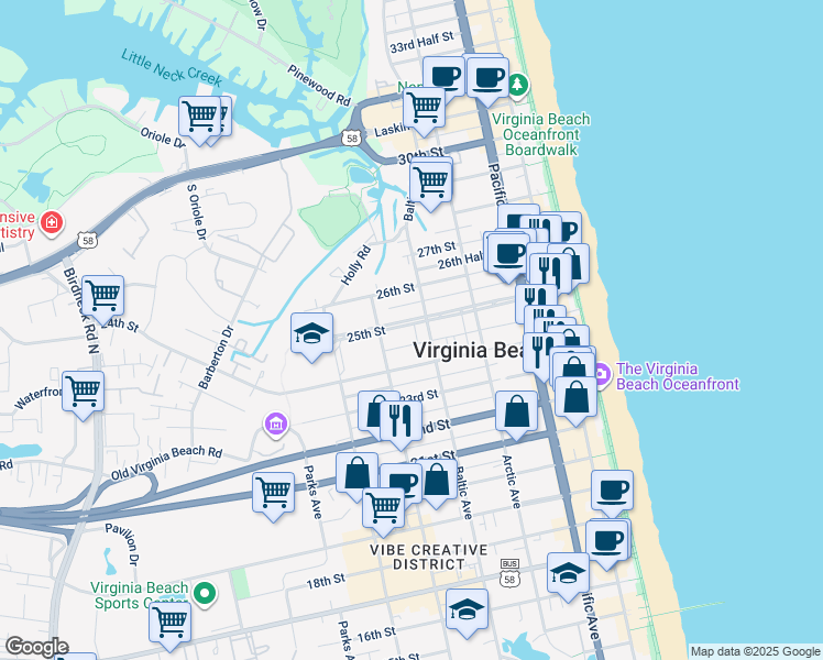 map of restaurants, bars, coffee shops, grocery stores, and more near 527 24 1/2 Street in Virginia Beach