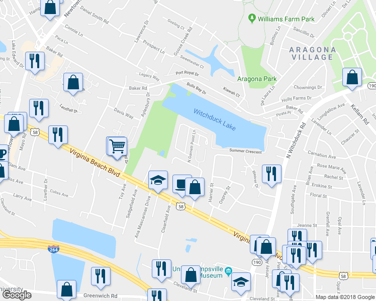 map of restaurants, bars, coffee shops, grocery stores, and more near 404 Indian Summer Lane in Virginia Beach