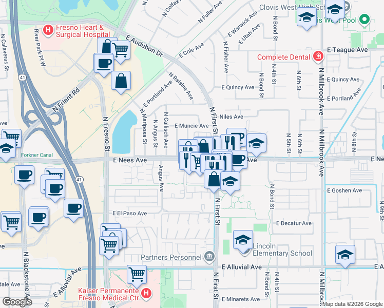 map of restaurants, bars, coffee shops, grocery stores, and more near 512 East Nees Avenue in Fresno