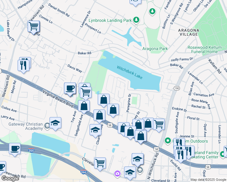 map of restaurants, bars, coffee shops, grocery stores, and more near 404 Indian Summer Lane in Virginia Beach