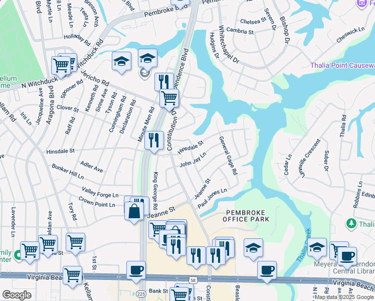 map of restaurants, bars, coffee shops, grocery stores, and more near 515 Schuyler Road in Virginia Beach