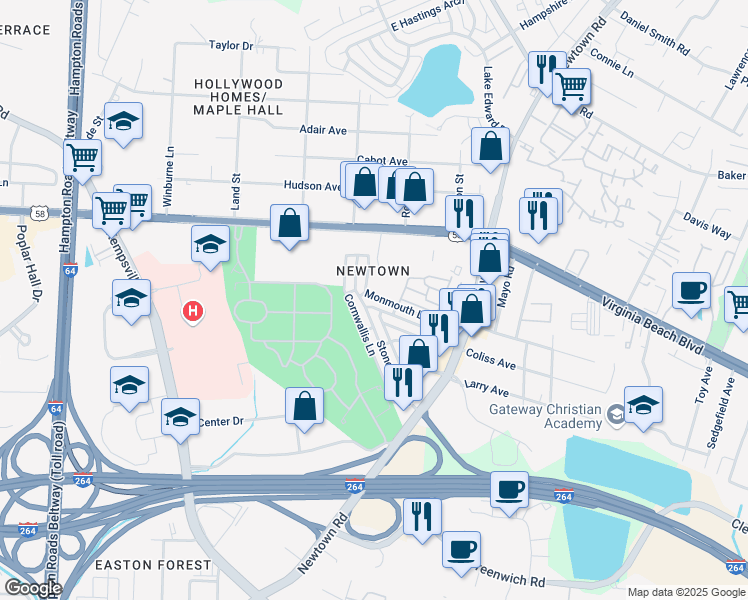 map of restaurants, bars, coffee shops, grocery stores, and more near 6582 Stoney Point North in Norfolk