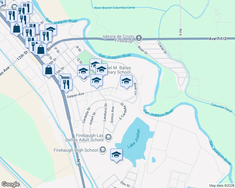 map of restaurants, bars, coffee shops, grocery stores, and more near 1907 Vasquez Drive in Firebaugh