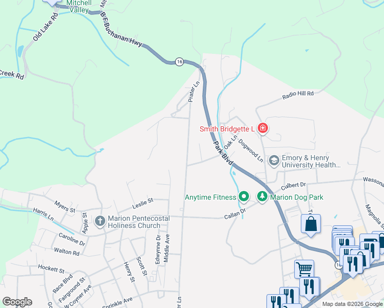 map of restaurants, bars, coffee shops, grocery stores, and more near 605 Oak Lane in Marion
