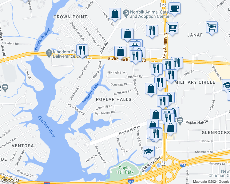 map of restaurants, bars, coffee shops, grocery stores, and more near 5518 Brookville Road in Norfolk