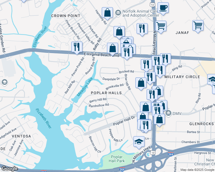 map of restaurants, bars, coffee shops, grocery stores, and more near 5518 Brookville Road in Norfolk