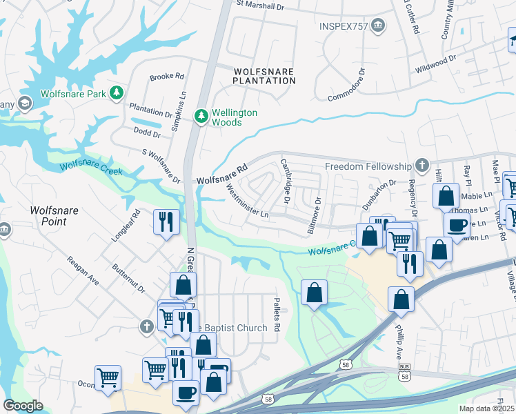 map of restaurants, bars, coffee shops, grocery stores, and more near 849 Westminster Lane in Virginia Beach
