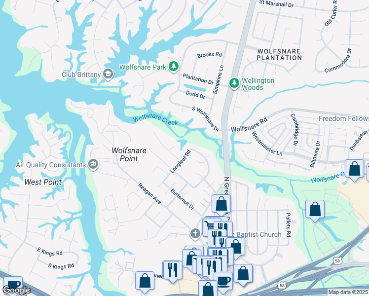 map of restaurants, bars, coffee shops, grocery stores, and more near 521 Longleaf Road in Virginia Beach