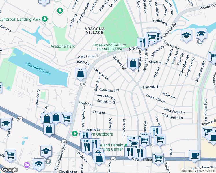 map of restaurants, bars, coffee shops, grocery stores, and more near 4936 Carnation Avenue in Virginia Beach