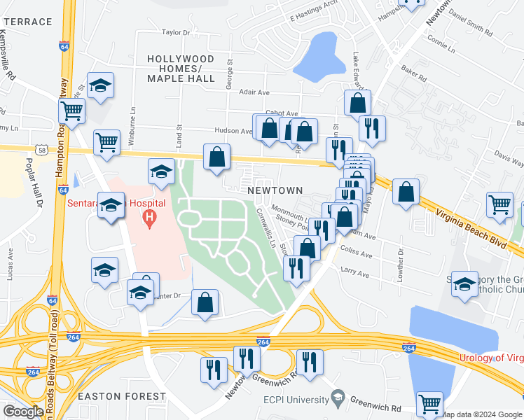 map of restaurants, bars, coffee shops, grocery stores, and more near 6541 Stoney Point South in Norfolk