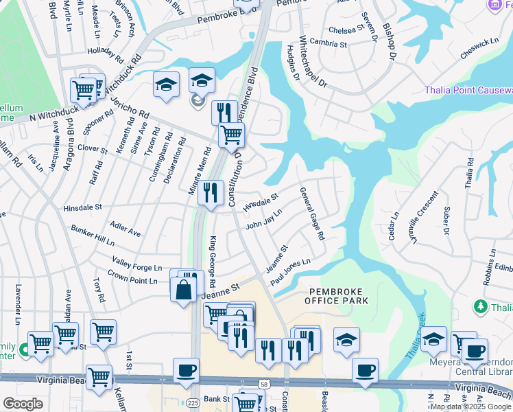 map of restaurants, bars, coffee shops, grocery stores, and more near 515 Schuyler Road in Virginia Beach