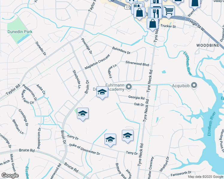 map of restaurants, bars, coffee shops, grocery stores, and more near 4061 Oak Drive in Chesapeake