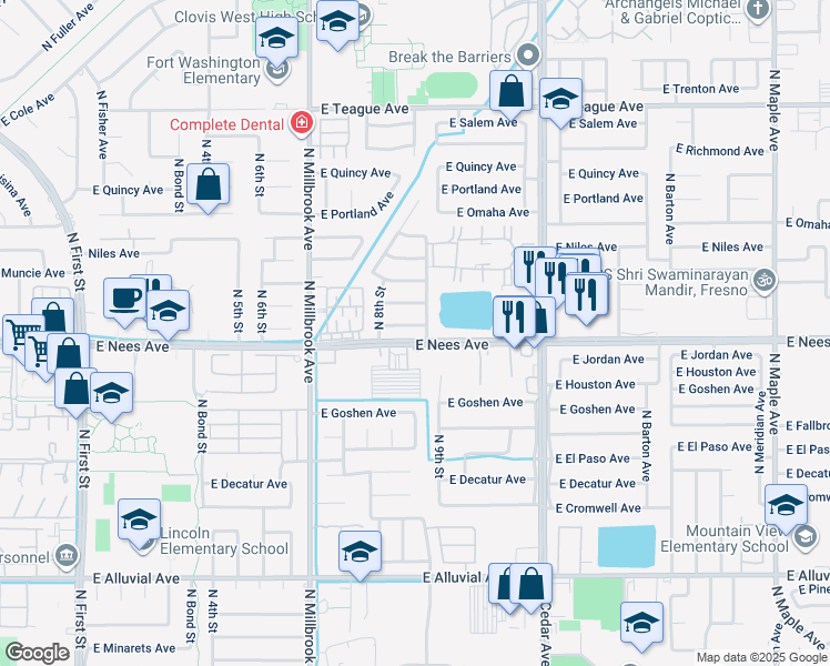 map of restaurants, bars, coffee shops, grocery stores, and more near in Fresno