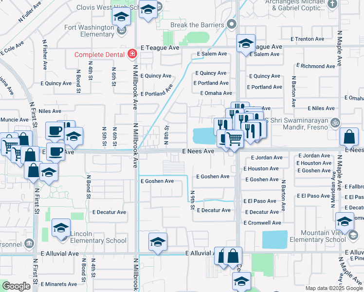 map of restaurants, bars, coffee shops, grocery stores, and more near in Fresno