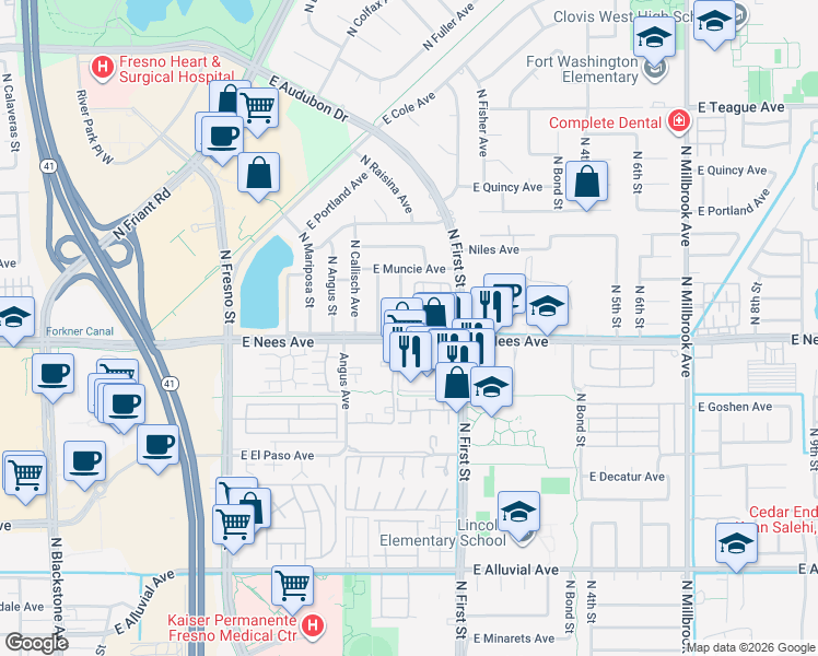 map of restaurants, bars, coffee shops, grocery stores, and more near 512 East Nees Avenue in Fresno