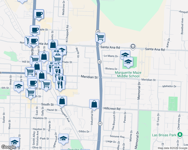 map of restaurants, bars, coffee shops, grocery stores, and more near 531 Bordeaux Place in Hollister