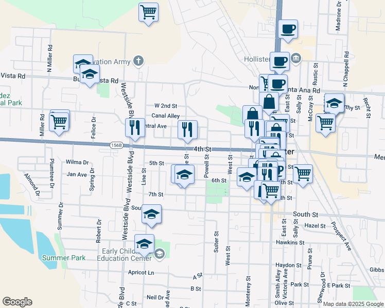 map of restaurants, bars, coffee shops, grocery stores, and more near 648 5th Street in Hollister