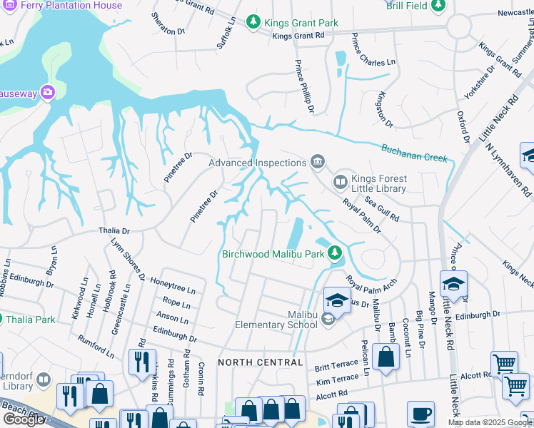 map of restaurants, bars, coffee shops, grocery stores, and more near 628 Caren Drive in Virginia Beach