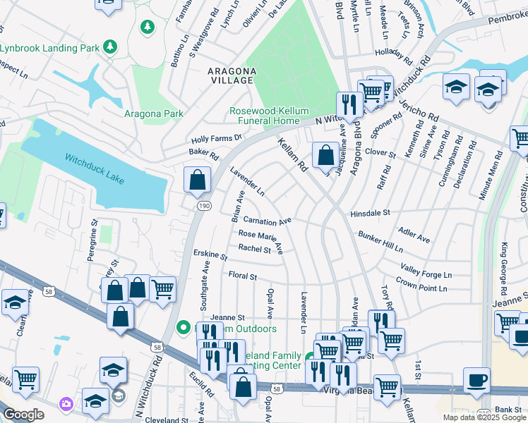 map of restaurants, bars, coffee shops, grocery stores, and more near 4936 Carnation Avenue in Virginia Beach
