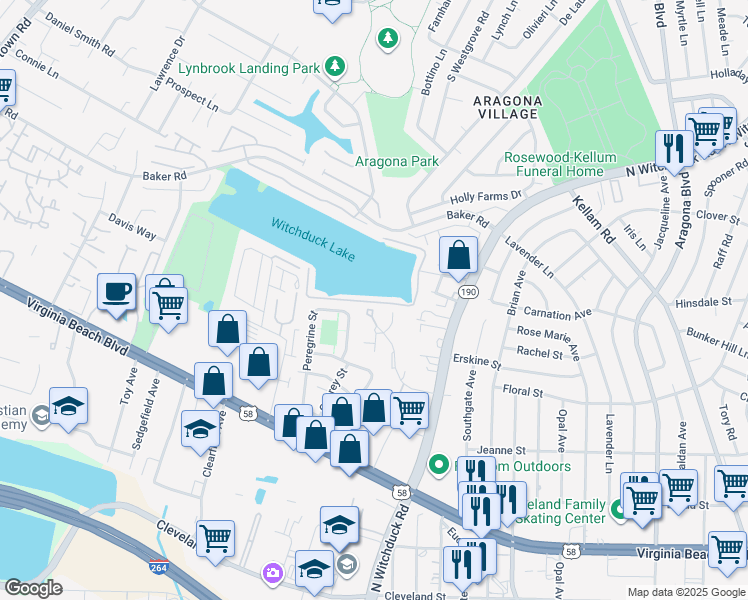map of restaurants, bars, coffee shops, grocery stores, and more near 509 Babney Court in Virginia Beach