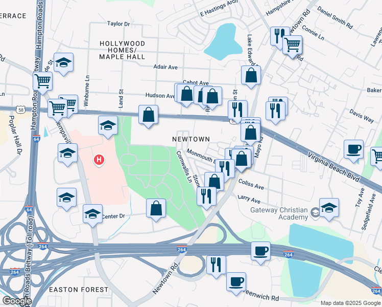 map of restaurants, bars, coffee shops, grocery stores, and more near 6582 Stoney Point North in Norfolk