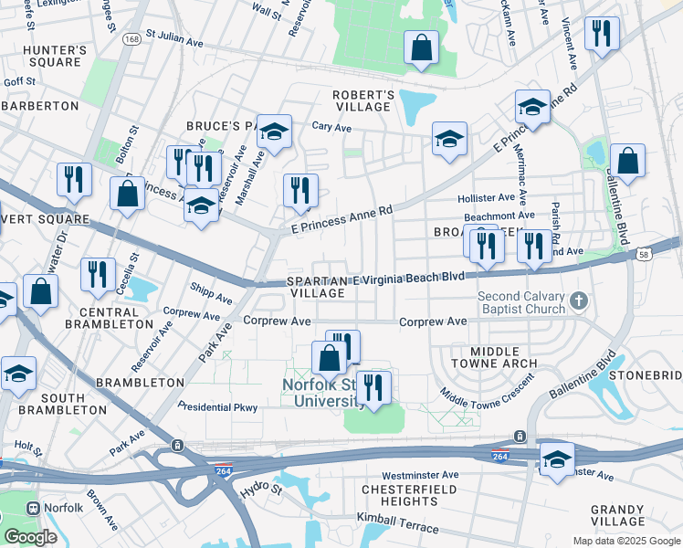 map of restaurants, bars, coffee shops, grocery stores, and more near 2423 East Virginia Beach Boulevard in Norfolk