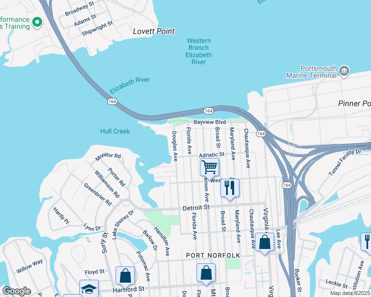map of restaurants, bars, coffee shops, grocery stores, and more near 153 Florida Avenue in Portsmouth