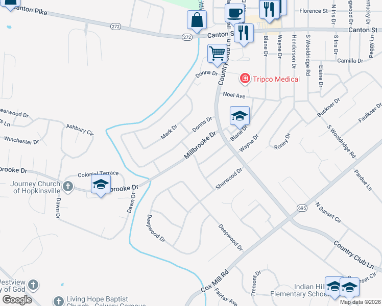 map of restaurants, bars, coffee shops, grocery stores, and more near 198 Millbrooke Drive in Hopkinsville