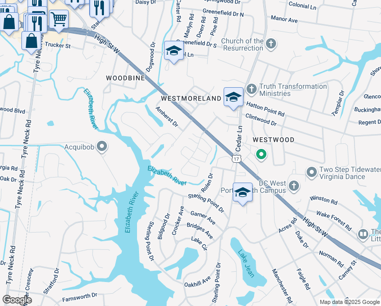 map of restaurants, bars, coffee shops, grocery stores, and more near 5103 Castle Way in Portsmouth