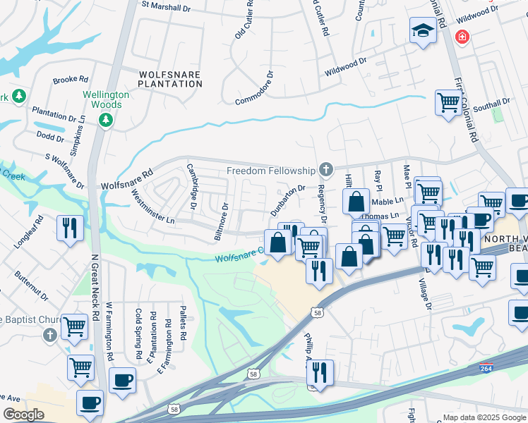 map of restaurants, bars, coffee shops, grocery stores, and more near 701 Queens Way in Virginia Beach