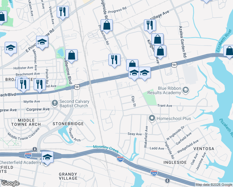 map of restaurants, bars, coffee shops, grocery stores, and more near 983 Scott Street in Norfolk