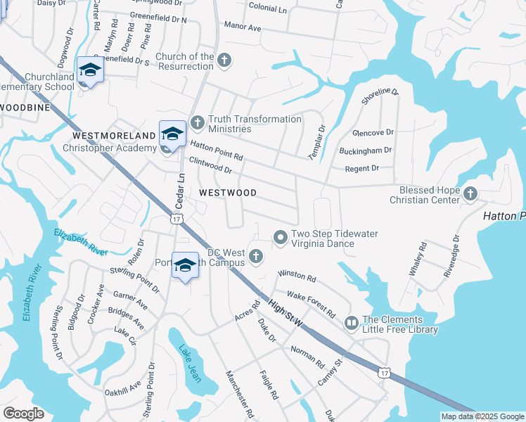 map of restaurants, bars, coffee shops, grocery stores, and more near 4725 Haywood Drive in Portsmouth