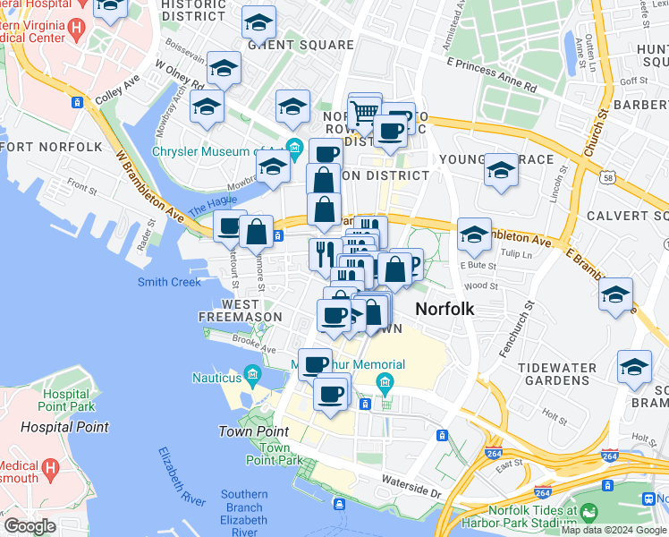 map of restaurants, bars, coffee shops, grocery stores, and more near 403 Boush Street in Norfolk
