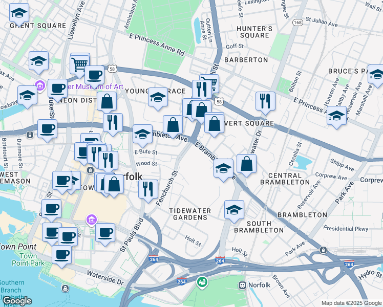 map of restaurants, bars, coffee shops, grocery stores, and more near 600 Church Street in Norfolk