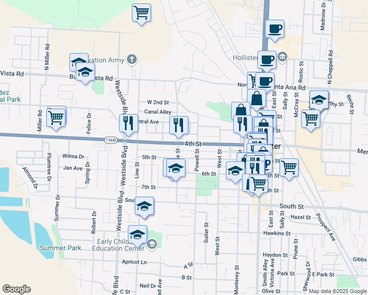 map of restaurants, bars, coffee shops, grocery stores, and more near 648 5th Street in Hollister