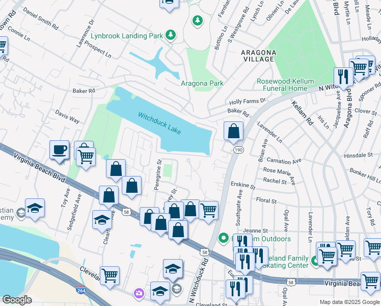 map of restaurants, bars, coffee shops, grocery stores, and more near 509 Babney Court in Virginia Beach