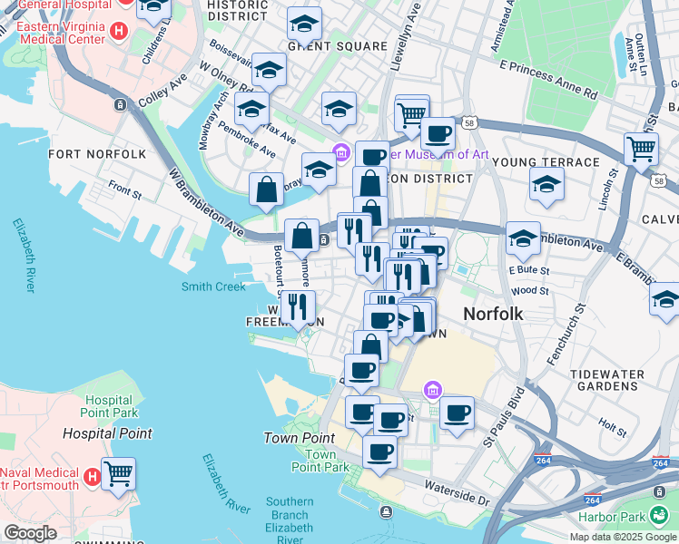 map of restaurants, bars, coffee shops, grocery stores, and more near 250 West Freemason Street in Norfolk