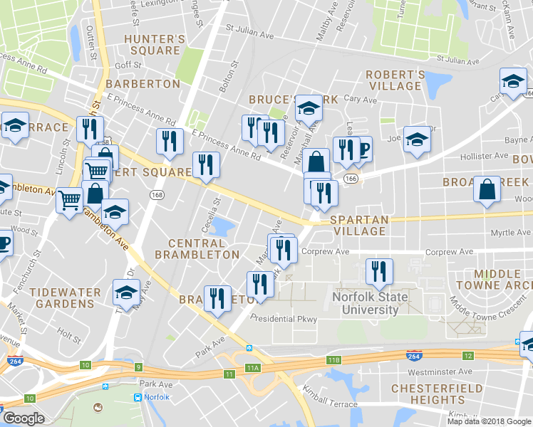 map of restaurants, bars, coffee shops, grocery stores, and more near 1405 East Virginia Beach Boulevard in Norfolk